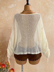 Soleia Women's Hollow Knit Casual Vacation Top - Apricot - View 2