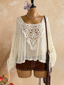 Soleia Women's Hollow Knit Casual Vacation Top - Apricot - View 8