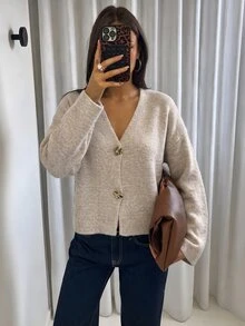 Aloruh Simple Fashionable Office Commuting Deep V Neck Long Sleeve Slim Button Cardigan Versatile Casual Elegant Knitted Sweater Autumn Beige Teachers' Day - Khaki - View 4