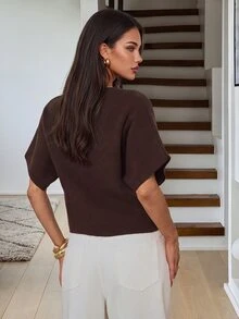 Aloruh Old Money Style Top New Minimalist Fashion Commuter Deep V-Neck Short Sleeve Slim Fit Double-Button Knit Women Brown Spring For - Brown - View 6
