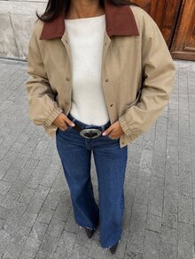 Aloruh 女士撞色翻领落肩长袖单排扣休闲常规夹克秋季女士冬季女士休闲拼色领夹克，春秋季，毕业典礼，返校秋季女士秋季所有女士秋季女士秋季秋季女士秋季女士秋季冬季女士冬季女士冬季夹克女士返校节学校女士夹克时尚秋季 - 卡其色 - 查看 6