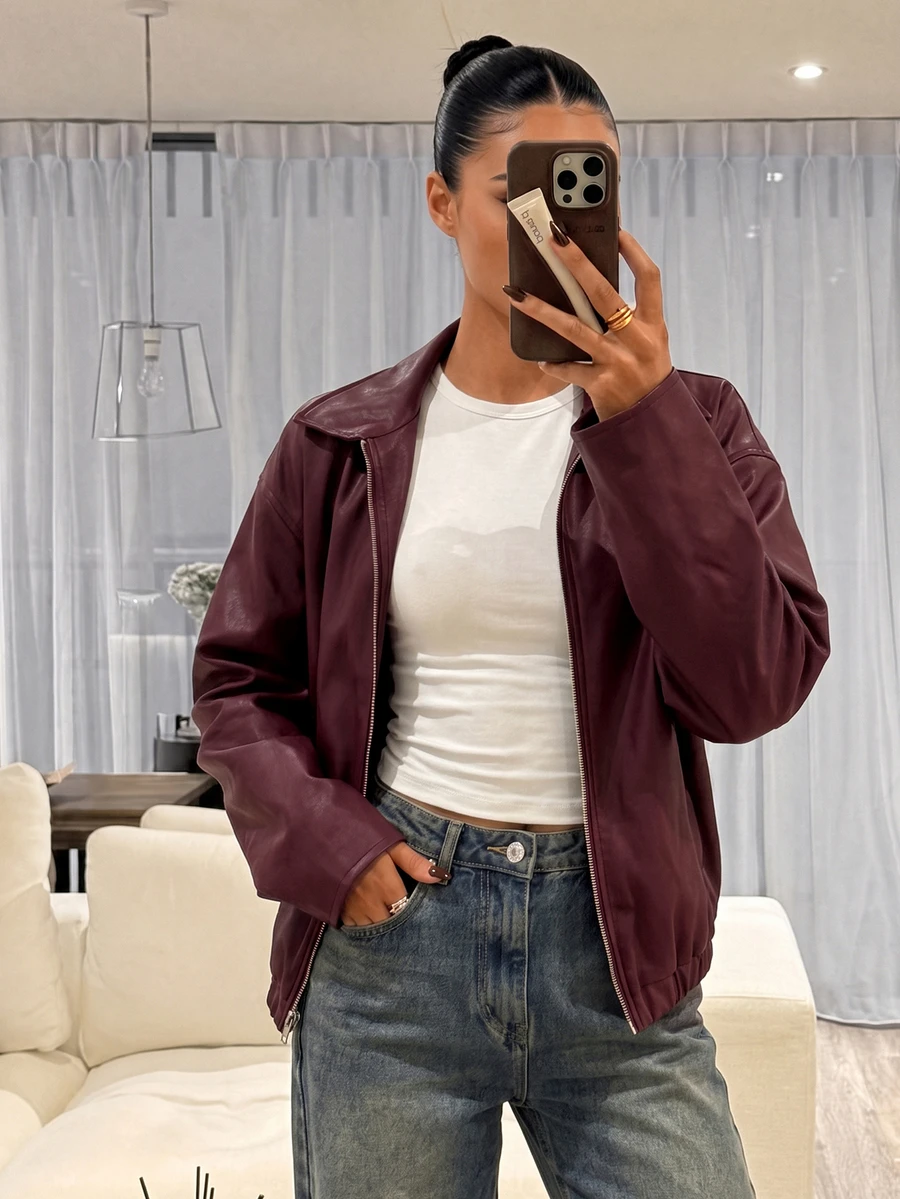 Aloruh Fashionable Streetwear Versatile Commuter Travel Vacation Dark Red PU Jacket In Fall/Winter, Fall,Autumn,New Year,Chic, Jacket,Old Money Style,Casual