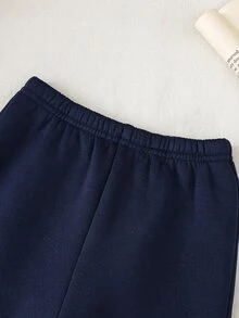 SHEIN 2件組嬰兒男寶皇家藍秋冬可愛字母運動風條紋長袖衛衣彈性腰長褲套裝，中性嬰兒服飾，嬰兒冬季衣物 - 寶藍色 - 查看 4