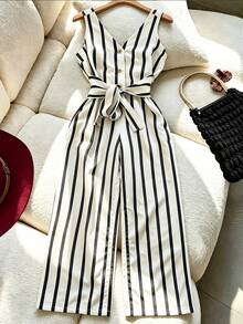 Rafferiza Women's Summer Casual Striped Sleeveless Jumpsuit - White - View 5