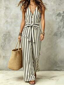 Rafferiza Women's Summer Casual Striped Sleeveless Jumpsuit - White - View 4