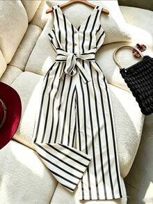 Rafferiza Women's Summer Casual Striped Sleeveless Jumpsuit - White - View 3
