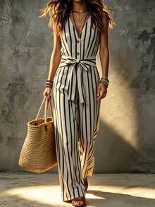 Rafferiza Women's Summer Casual Striped Sleeveless Jumpsuit - White - View 7