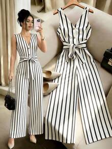Rafferiza Women's Summer Casual Striped Sleeveless Jumpsuit - White - View 1