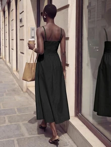 Maija Women's Solid Color Pleated Basic Extra Long Spaghetti Strap Dress - Black - View 2