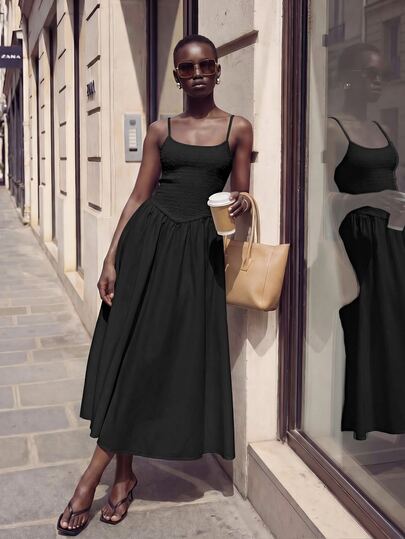 Maija Women's Solid Color Pleated Basic Extra Long Spaghetti Strap Dress