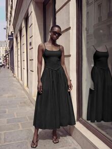 Maija Women's Solid Color Pleated Basic Extra Long Spaghetti Strap Dress - Black - View 4