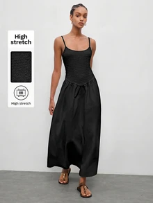 Maija Women's Solid Color Pleated Basic Extra Long Spaghetti Strap Dress - Black - View 6