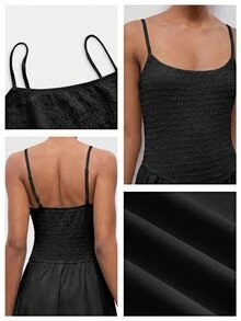 Maija Women's Solid Color Pleated Basic Extra Long Spaghetti Strap Dress - Black - View 8