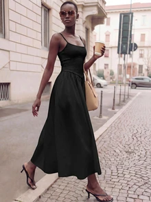 Maija Women's Solid Color Pleated Basic Extra Long Spaghetti Strap Dress - Black - View 3
