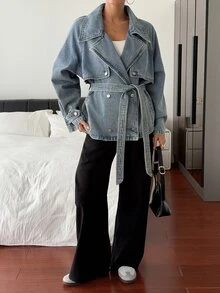 Livesso Petite Women's Casual Double-Breasted Denim Jacket, Autumn - Blue - View 2