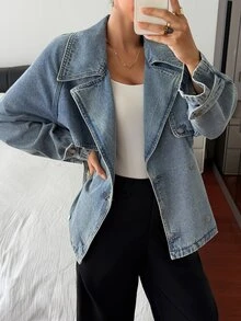 Livesso Petite Women's Casual Double-Breasted Denim Jacket, Autumn - Blue - View 4