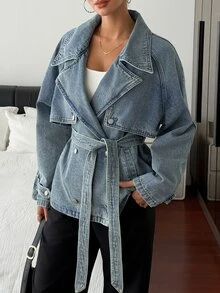 Livesso Petite Women's Casual Double-Breasted Denim Jacket, Autumn - Blue - View 8