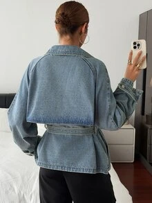 Livesso Petite Women's Casual Double-Breasted Denim Jacket, Autumn - Blue - View 3
