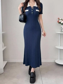 DAZY Contrast Collar Button Front Sweater Dress Autumn Office Brunch Navy Blue French Elegant - Blue - View 8
