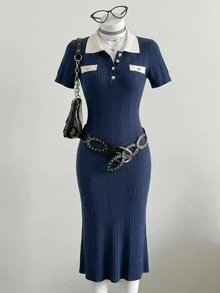 DAZY Contrast Collar Button Front Sweater Dress Autumn Office Brunch Navy Blue French Elegant - Blue - View 7