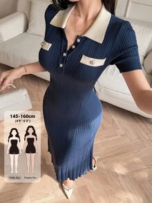 DAZY Contrast Collar Button Front Sweater Dress Autumn Office Brunch Navy Blue French Elegant - Blue - View 1