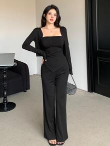 DAZY Setelan Kasual Sehari-hari Wanita 2 Potong untuk Musim Gugur: Atasan Camisole Warna Polos, Kardigan Lengan Panjang, dan Celana - Hitam - View 3