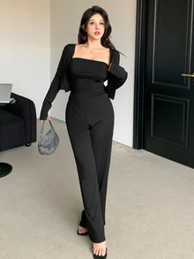 DAZY Setelan Kasual Sehari-hari Wanita 2 Potong untuk Musim Gugur: Atasan Camisole Warna Polos, Kardigan Lengan Panjang, dan Celana - Hitam - View 4