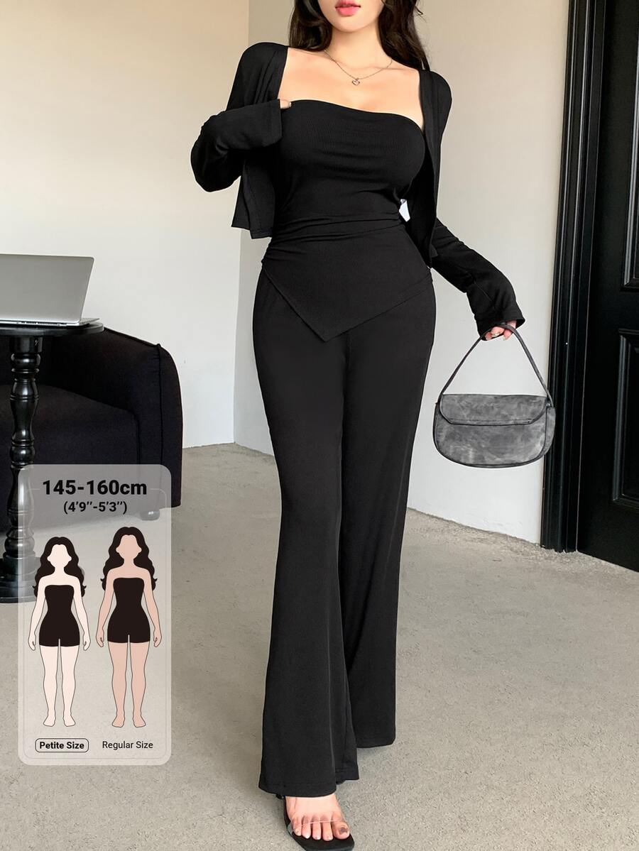 DAZY Setelan Kasual Sehari-hari Wanita 2 Potong untuk Musim Gugur: Atasan Camisole Warna Polos, Kardigan Lengan Panjang, dan Celana - Hitam - View 1