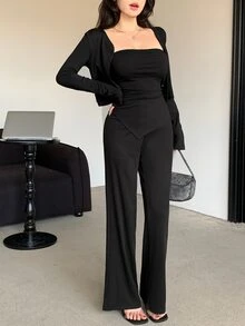 DAZY Setelan Kasual Sehari-hari Wanita 2 Potong untuk Musim Gugur: Atasan Camisole Warna Polos, Kardigan Lengan Panjang, dan Celana - Hitam - View 6