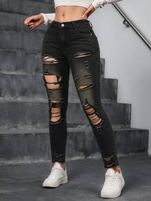 Jeanoix Jeans ajustados con roturas y bajo sin rematar - Negro - Ver 3