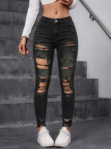 Jeanoix Jeans ajustados con roturas y bajo sin rematar - Negro - Ver 4