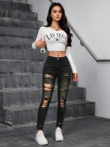 Jeanoix Jeans ajustados con roturas y bajo sin rematar - Negro - Ver 6