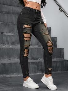 Jeanoix Jeans ajustados con roturas y bajo sin rematar - Negro - Ver 5