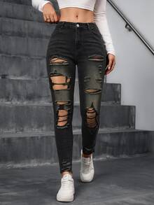 Jeanoix Jeans ajustados con roturas y bajo sin rematar - Negro - Ver 7