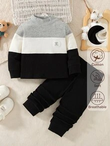 SHEIN 男嬰 0-3歲拼色半高領羅紋套裝，秋冬休閒羅紋上衣與慢跑褲 2 件套，適合上學、外出等多種場合 - 彩色 - 查看 2