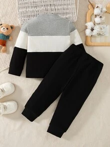 SHEIN 男嬰 0-3歲拼色半高領羅紋套裝，秋冬休閒羅紋上衣與慢跑褲 2 件套，適合上學、外出等多種場合 - 彩色 - 查看 4