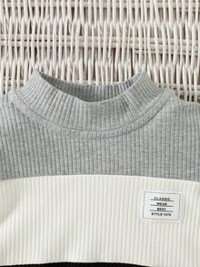 SHEIN 男嬰 0-3歲拼色半高領羅紋套裝，秋冬休閒羅紋上衣與慢跑褲 2 件套，適合上學、外出等多種場合 - 彩色 - 查看 5