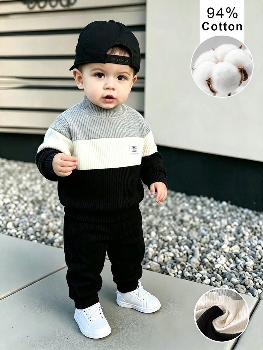 SHEIN Setelan Baju Bayi Laki-laki 0-3 Tahun Warna Blok Kerah Setengah Tinggi Bergaris, Atasan Kasual Bergaris & Celana Jogger 2 Potong untuk Musim Gugur/Dingin Bayi Laki-laki, Cocok untuk Sekolah, Jalan-jalan, dan Lainnya