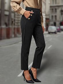 EMERY ROSE Women's Black And White Striped Pocket Button Design Elegant Casual Long Pants Work Office Business Autumn - Black - View 7