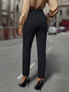 EMERY ROSE Women's Black And White Striped Pocket Button Design Elegant Casual Long Pants Work Office Business Autumn - Black - View 2