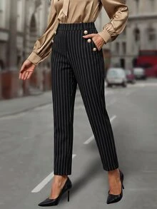 EMERY ROSE Women's Black And White Striped Pocket Button Design Elegant Casual Long Pants Work Office Business Autumn - Black - View 6