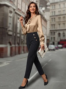 EMERY ROSE Women's Black And White Striped Pocket Button Design Elegant Casual Long Pants Work Office Business Autumn - Black - View 5