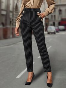 EMERY ROSE Women's Black And White Striped Pocket Button Design Elegant Casual Long Pants Work Office Business Autumn - Black - View 1