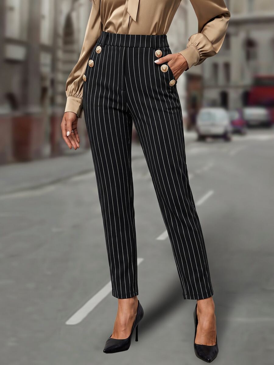EMERY ROSE Women's Black And White Striped Pocket Button Design Elegant Casual Long Pants Work Office Business Autumn - Black - View 1