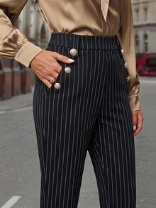 EMERY ROSE Women's Black And White Striped Pocket Button Design Elegant Casual Long Pants Work Office Business Autumn - Black - View 4