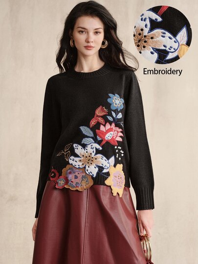 Anewsta New Women's Round Neck Cropped Knit Sweater, Heavy-Duty Colorful 3D Floral Applique Embroidery Hem, Slim Fit Long Sleeve Vintage Style Autumn/Winter Base Layer Pullover