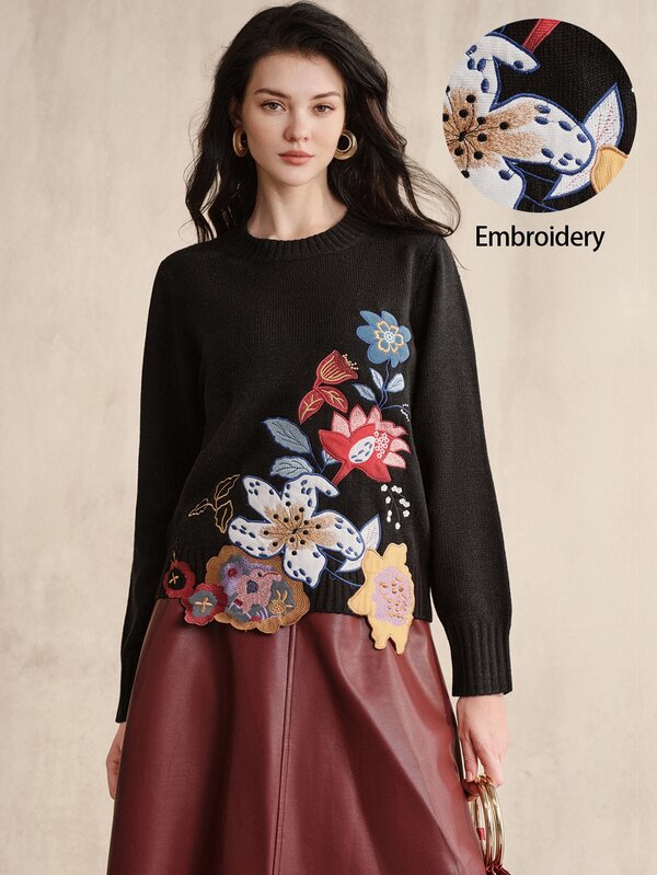 Anewsta New Women's Round Neck Cropped Knit Sweater, Heavy-Duty Colorful 3D Floral Applique Embroidery Hem, Slim Fit Long Sleeve Vintage Style Autumn/Winter Base Layer Pullover