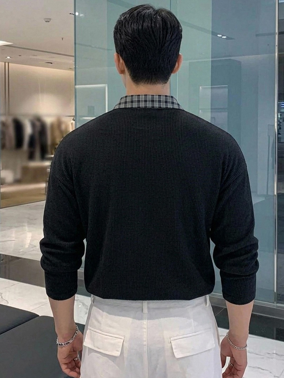 Spring/Autumn Black Body Fabric With Contrast Plaid Fabric Collar And Half-Zip Pullover Sweatshirt For Men