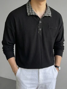 DAZY Spring/Autumn Black Body Fabric With Contrast Plaid Fabric Collar And Half-Zip Pullover Sweatshirt For Men - Black - View 6