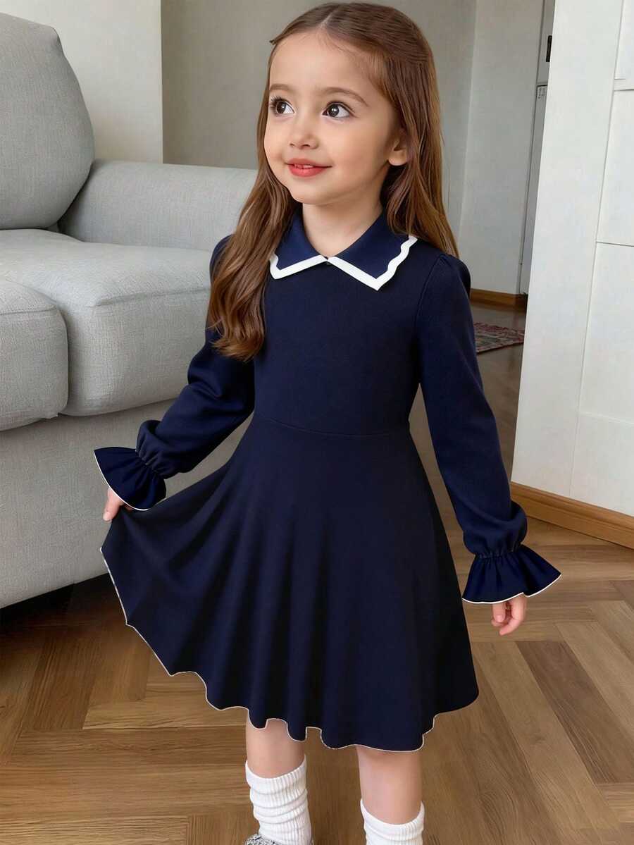Elladie kids 少女休闲学院风法式彼得潘领高档连衣裙，适合春秋季穿着